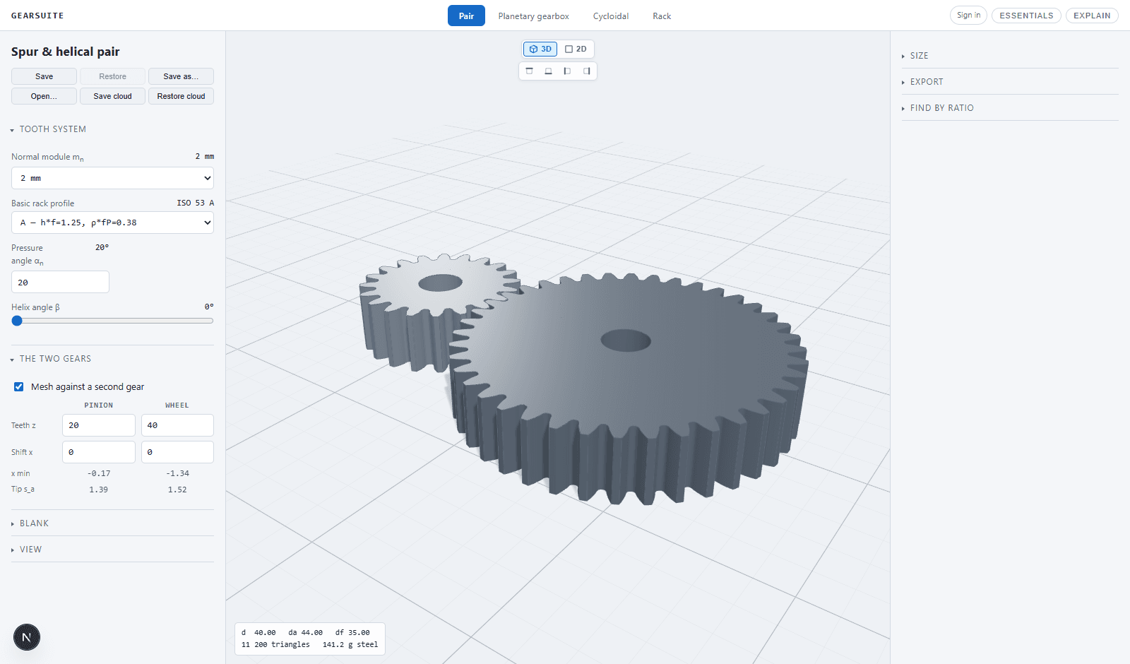 Real GearSuite workspace showing a parametric spur gear pair in 3D