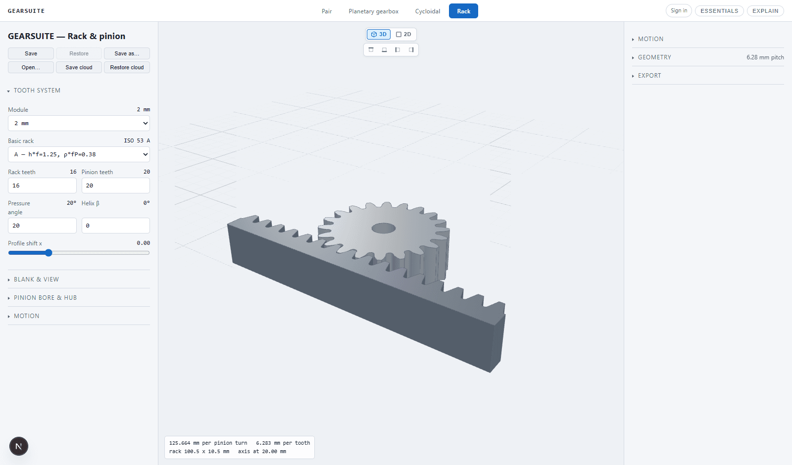 Real GearSuite workspace showing a rack and pinion system in 3D